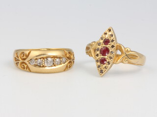 An 18ct yellow gold ruby and diamond up ringer ring (4 diamonds missing), a diamond ditto, 7 grams size N and P 