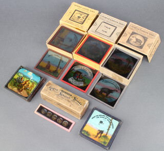 Eigh Junior Lecture coloured magic lantern slides (first slide damaged), together with 8 ditto "Elephant Revenge" boxed, 8 ditto "Tales of Tub", 8 "Never Ride a Strange Horse" and 17 assorted coloured lantern slides (1f) and 14 others (2f)  