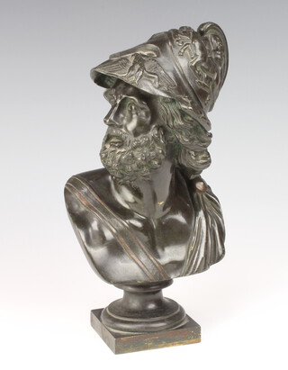 A 19th Century bronze head and shoulders portrait bust of a helmeted classical gentleman, raised on a square base 26cm h x 14cm w x 8cm d 