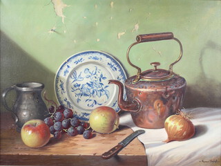 Raymond Campbell (b.1956), oil on canvas signed, still life with copper kettle, delft plate, mug, fruits and knife 44cm x 59cm 