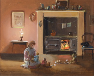 Deborah Jones (1921-2012), oil on board signed, "Tea In Front of The Fire" 19cm x 24cm 