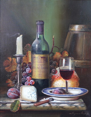 Raymond Campbell (b.1959), oil on canvas signed, still life with bottle of wine, candle stick, cheese, fruits and barrel 49cm x 39cm 