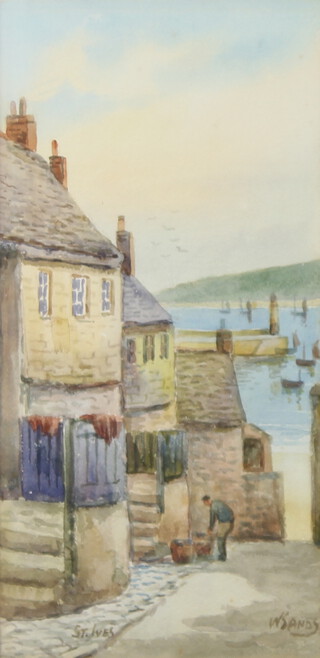 W Sands, watercolour signed, Cornish port scene St Ives 25cm x 13cm 