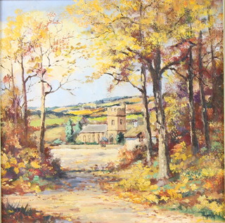 Alan King, oil on board signed, "The Four Seasons, Autumn in Cornwall" label to verso, 19cm x 19cm 