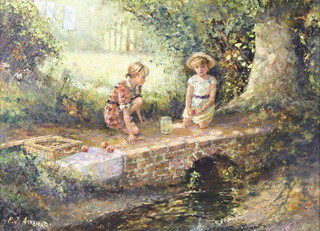 P J Attfield, oil on board signed, two young girls beside a stream, labelled Forest Gallery, 29cm x 39cm 
