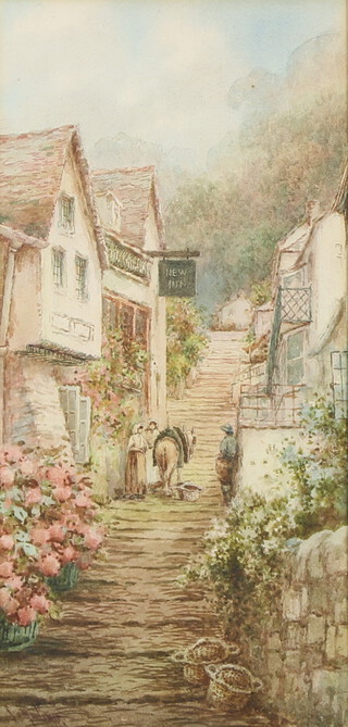 L Mortimer, Edwardian watercolour signed, Cornish street scene with figures and donkey 39cm x 19cm 