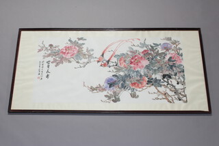 20th Century Chinese scroll painting of birds amongst flowers, signed and framed 137cm by 68cm