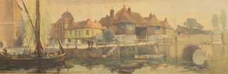 Railway carriage poster "The Cinque Port of Sandwich Kent" from a watercolour by Jack Merriott R.I. 25cm x 64cm 
