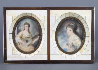 A pair of 18th Century style miniature oval portraits of a lady holding a dog and a lady playing a lute 8.5cm x 6.5cm, contained in a piano key frame 