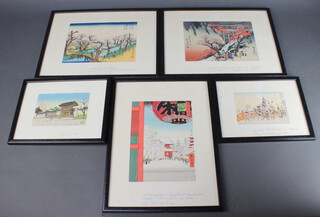 Japanese woodblock prints, a procession signed and a temple signed 10cm x 15cm at Asakusa 23cm x 16cm, a riverscape of Kioto 16cm x 23cm and a riverscape with figures 16cm x 23cm (5)  