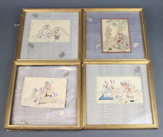 19th Century Indian watercolours, studies of a sleeping man with tethered bear, a couple with monkeys, a cleric beneath a tree and lady and attendants 10cm x 15cm, framed
