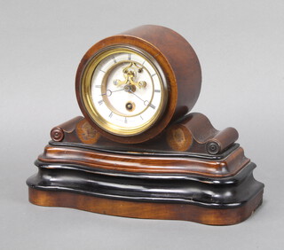 HRY Marc, a French 19th Century mantel timepiece with enamelled dial, Roman numerals and visible escapement, contained in a walnut drum shaped case, the back plate marked HY Marc Paris 44074, complete with pendulum and key 