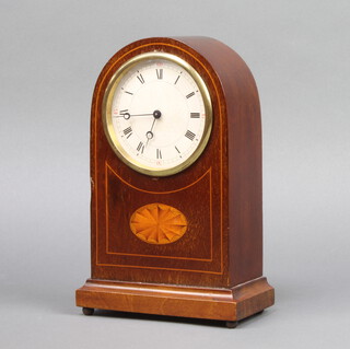 Fabrique d'Horlogerie de Fontainemelon, a Swiss bedroom timepiece with paper dial and Roman numerals contained in an inlaid mahogany case, the back plate has a snowflake mark 