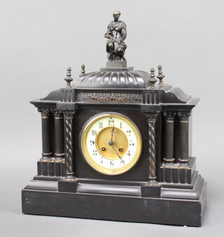 Japy Freres, a French 19th Century 8 day striking mantel clock with enamelled dial and Arabic numerals contained in a black marble architectural case surmounted by a bronze figure of a seated nobleman, back plate marked Japy Freres 