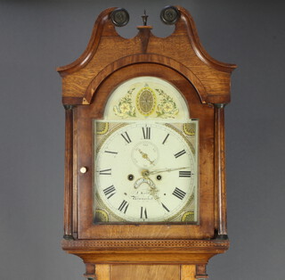 J Kate of Newmarket, an 8 day striking longcase clock, the 30cm painted arched dial with Roman numerals, painted spandrels, subsidiary second hand and calendar aperture, contained in an inlaid oak case, complete with pendulum and weights, 122cm h 