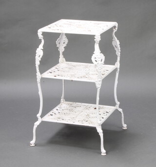 A Victorian style white painted pierced aluminium 4 tier garden what-not/plant stand, raised on cabriole supports 69cm h x 36cm w x 36cm d 