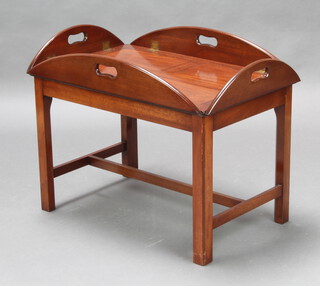 A Georgian style rectangular mahogany drop flap butler's coffee table, raised on square supports with H framed stretcher 56cm h x 76cm w x 49cm d 