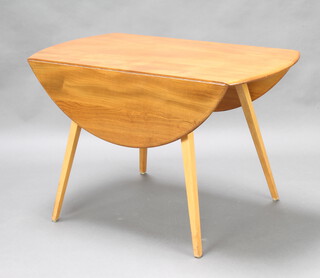 Ercol, a light elm oval drop flap dining table, raised on outswept supports 70cm h x 113cm l x 62cm w 
