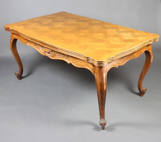 A French parquetry style dining table with shaped top, the apron carved a lidded urn and raised on cabriole supports 76cm h x 160cm w x 100cm dm (repair to one leg)