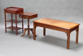A Georgian style rectangular inlaid mahogany occasional table fitted a drawer raised on a turned column and tripod base 60cm h x 40cm w x 32cm, a rectangular mahogany 3 tier telephone table 68cm h x 48cm w x 31cm d and a Chippendale style inlaid mahogany coffee table 48cm h x 100cm w x 51cm d (some sun bleaching)  
