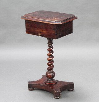 A 19th Century "mahogany" lozenge shaped teapoy with hinged lid, the base fitted a drawer, raised on a spiral turned column, triform base ending in bun feet 74cm h x 48cm w x 34cm d 