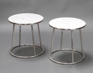 A pair of  white veined marble and chrome circular occasional tables 42cm h x 41cm diam.