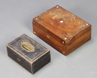 A Victorian black leather and brass jewellery box with hinged lid 9cm x 20cm x 13cm together with a Victorian rosewood and inlaid mother of pearl trinket box with hinged lid 11cm x 27cm x 20cm (damage to the top) 