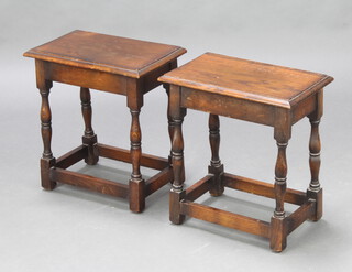Two rectangular joined stools, raised on turned and block supports 43cm h x 40cm w x 25cm d 