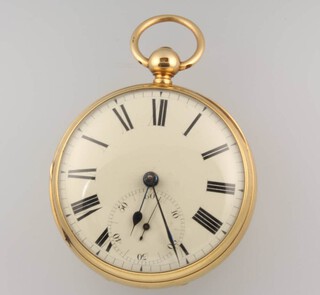 A Victorian 18ct yellow gold key wind pocket watch with seconds at 6 o'clock, Sheffield 1870, contained in a 55mm case with engraved crest and monogram, the movement numbered 172 the engraved interior movement with a mask and scrolls with key and 1958 repair receipt