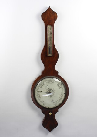 A 19th Century mercury wheel barometer and thermometer contained in a mahogany wheel case with painted dial 