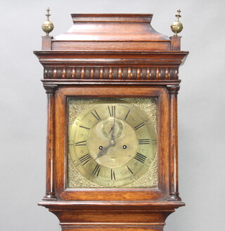 John Wainwright of Wellingboro no.1303, an 8 day longcase clock, the 30cm brass dial with gilt spandrels, subsidiary second hand and calendar aperture, contained in an oak case 217cm h  