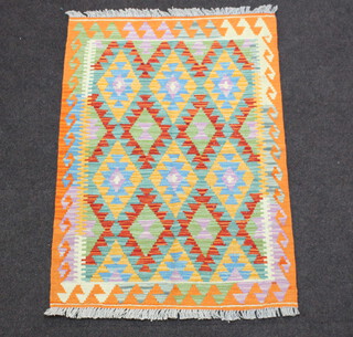 A yellow, green and orange ground Chobi Kilim rug with all over geometric design 119cm x 81cm 