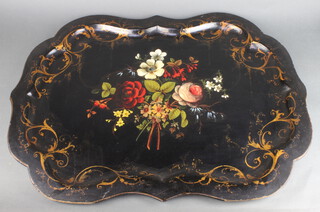 A Victorian papier mache tray with bracketed border, the centre with floral decoration 78cm x 60cm 