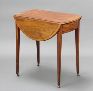 A 19th Century inlaid and crossbanded mahogany oval Pembroke table fitted a drawer, raised on square tapered supports ending in brass caps and castors 70cm h x 72cm w x 42cm d 