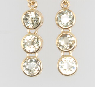 A pair of 9ct yellow gold gem set triple drop earrings, 3.5 grams 
