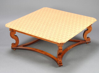An 18th Century style square walnut coffee table with printed fabric top raised on cabriole supports with shaped box framed stretcher 40cm h x 102cm w x 102cm d 