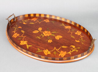 An early 20th Century Dutch inlaid mahogany oval twin handled tea tray 57cm w x 39cm d