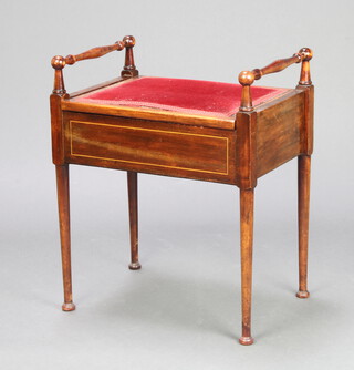 An Edwardian Art Nouveau inlaid mahogany box seat piano stool raised on turned supports 60cm h x 49cm w x 35cm d  