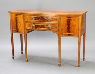 R Armstrong, a Georgian style inlaid mahogany bow front sideboard fitted 2 drawers flanked by a pair of cupboards, raised on square tapered supports, spade feet 91cm h x 137cm w x 50cm d  