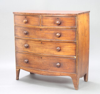 A 19th Century mahogany chest of 2 short and 3 long drawers with tore handles, raised on splayed bracket feet 105cm h x 103cm w x 51cm d 