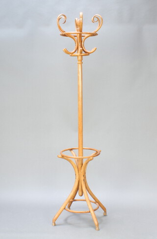 An Edwardian turned beech and bentwood cafe style hat and coat stand marked 735Z, 196cm h x 38cm diam. 