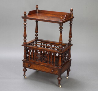 A Victorian figured walnut Canterbury what-not, the upper section with 3/4 gallery, the base fitted 3 divisions with drawer to the base 98cm h x 58cm w x 38cm d 