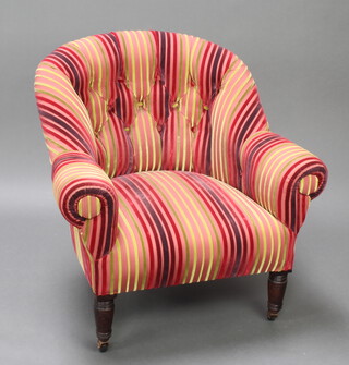 A Victorian tub back chair upholstered in red and gold striped, buttoned material 