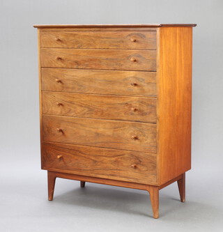 John Herbert for A Younger Ltd, a mid Century teak chest of 6 drawers with turned handles, raised on turned supports 112cm h x 88cm w x 50cm d 