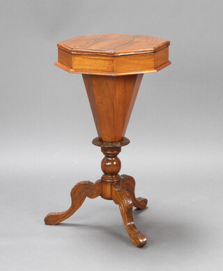 A Victorian octagonal work table of conical form, raised on cabriole supports 76cm h x 39cm w x 41cm d  