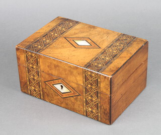 A Victorian rectangular inlaid walnut trinket box with diamond shaped mother of pearl escutcheon 11cm x 22cm x 15cm 