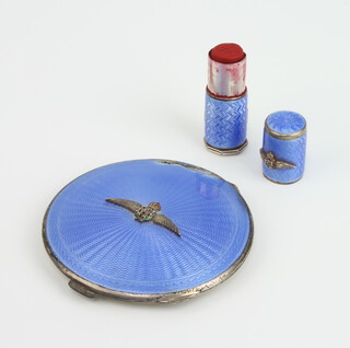 A silver and blue guilloche enamel powder compact Birmingham 1938, a similar lipstick holder