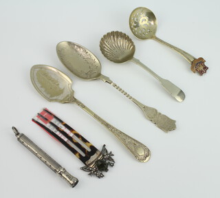 A tortoiseshell gem set hair pin, sterling silver cigar piercer and minor plated cutlery 