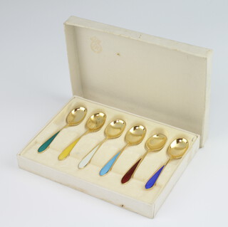 A set of 6 silver gilt guilloche enamel teaspoons by David Andersen 36 grams 