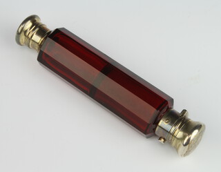 A Victorian red glass double ended scent bottle with plated mounts 14cm 